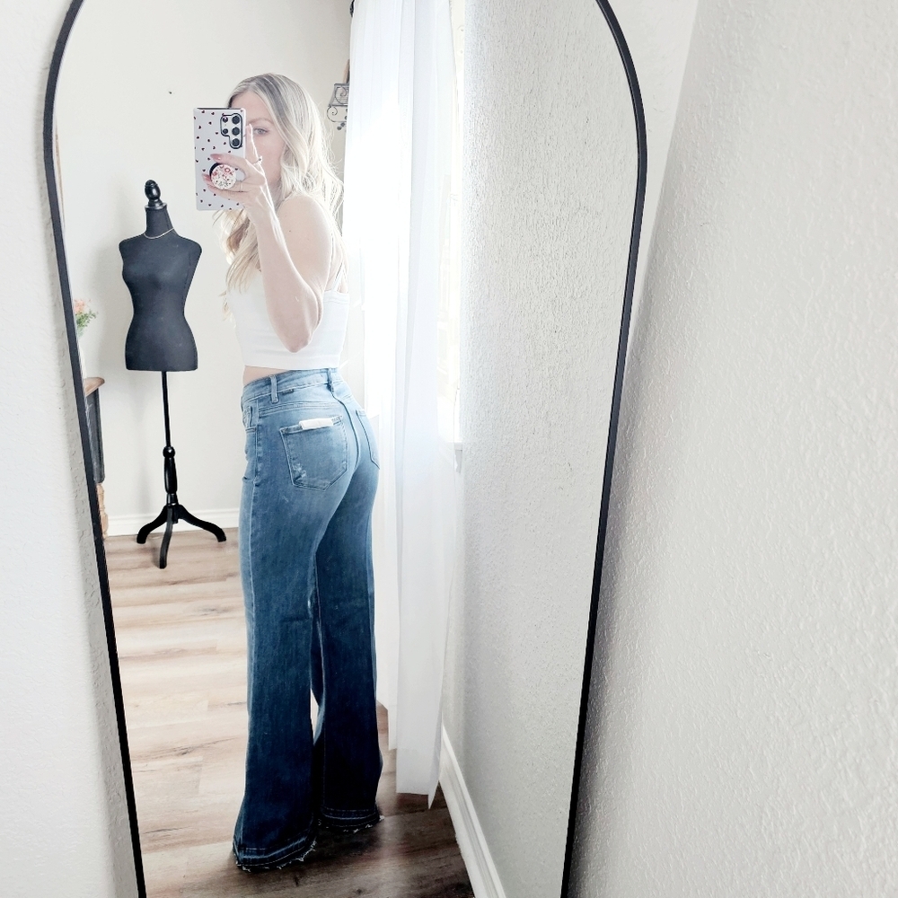 RISEN HR Tummy Control Medium Wash Wide Leg Jeans Released Hem Various NEW - Picture 9 of 12